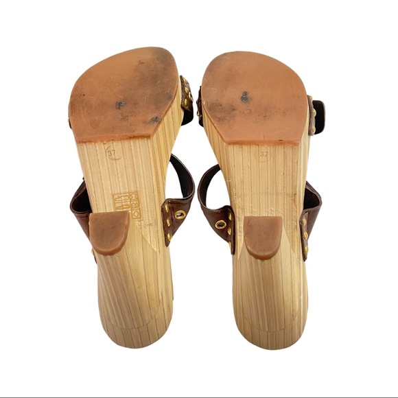 MIU MIU Leather Studded Wooden Platform Mules - Picture 7 of 7